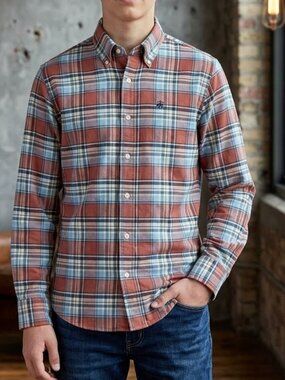 Brooks Brother Regent Supima Cotton Red Blue Plaid Check Youth Boys L 18-20